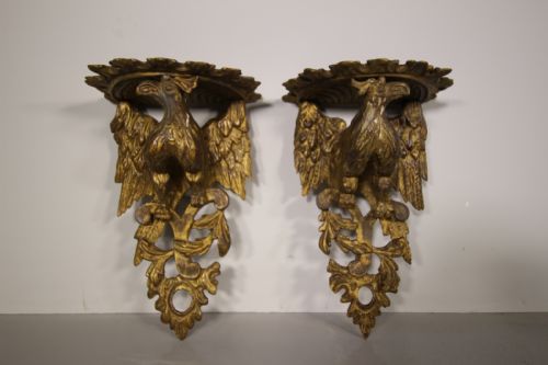 Pair of 19th Century Antique Carved Eagle Wall Brackets in Original Gilt