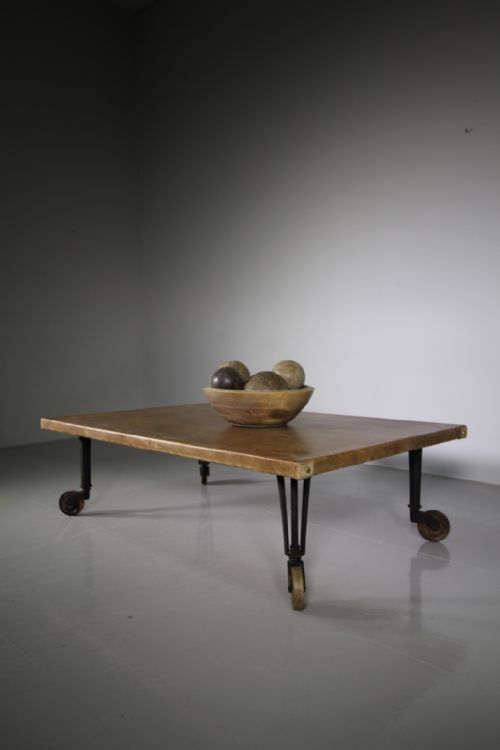 Large Leather Top & Iron Antique Coffee Table
