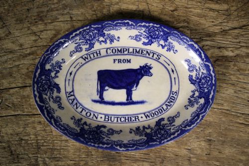 Rare English 19th Century Blue & White Pottery Butchers Advertising Platter
