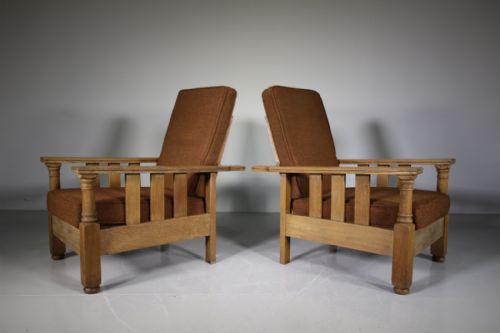 Pair of English 1930’S Solid Oak Reading Armchairs
