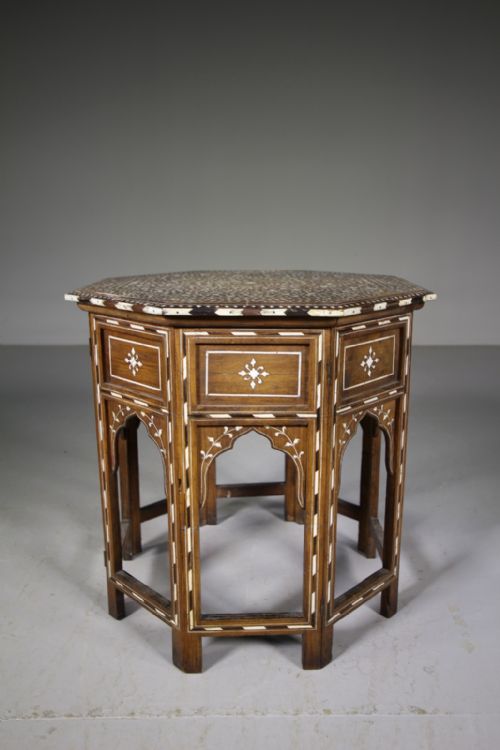 Large Edwardian Antique Hoshiapur Inlaid Folding Side Table with Label
