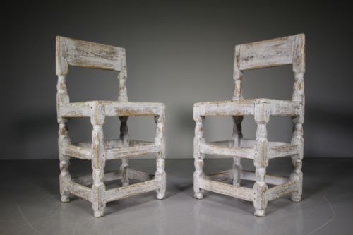 Pair of 18th Century Antique Pine Back Stool Chairs