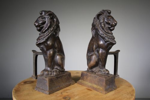 Pair of English 19th Century Antique Cast Iron Lion Andirons
