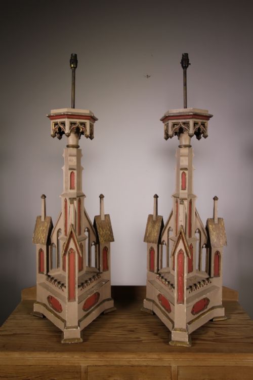 

Amazing Tall Pair of English 19th Century Antique Gothic Oak Painted Lamps
