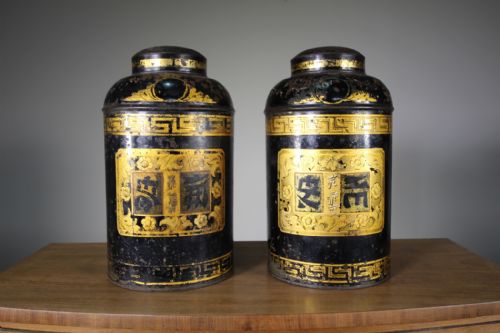 
Large Pair of English 19th Century Tea Tins in Original Gilt