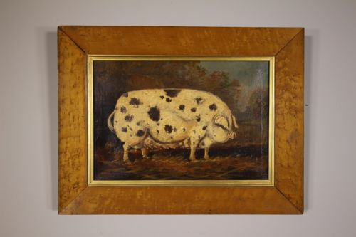 Lovely English 19th Century Antique Primitive Pig Oil Painting