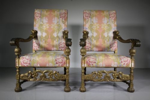 Pair of Large Carved Gilt & Upholstered 19th Century Antique Armchairs