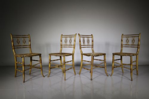 Set of Four English Regency Antique Simulated Bamboo Chairs in Paint