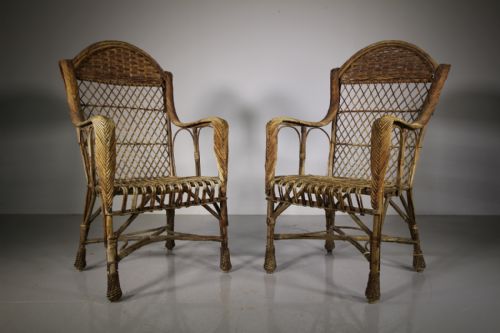 Pair of Edwardian English Antique Wicker Garden Armchairs