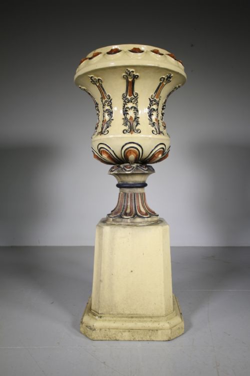Tall 19th Century Antique Glazed Terracotta Garden Urn on Stand
