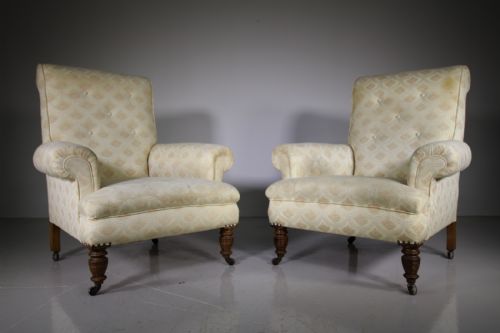 Pair of English 19th Century Antique Upholstered Armchairs