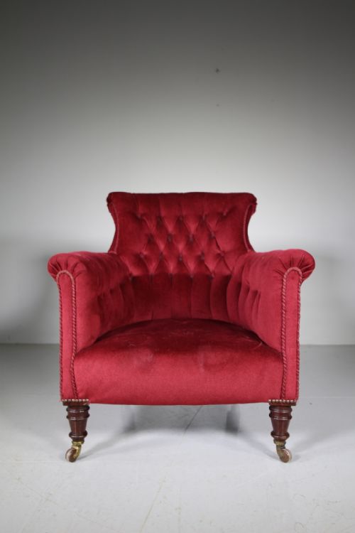 Deep English 19th Century Antique Upholstered Armchair
