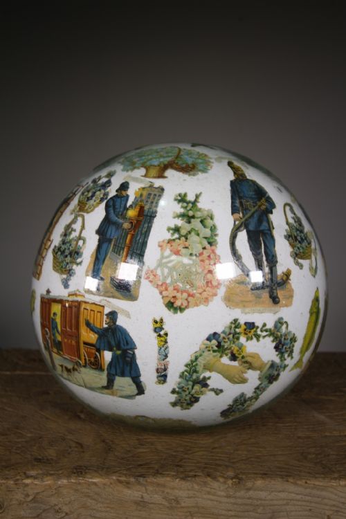Rare Large 19th Century English Antique Decalcomania Glass Ball – Firemen Related