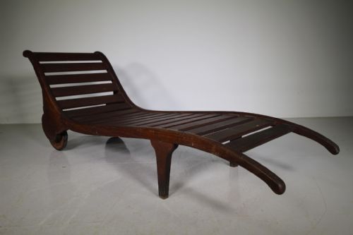 Rare Heals of London Antique Teak Sun Lounger – Labelled – With Cushion