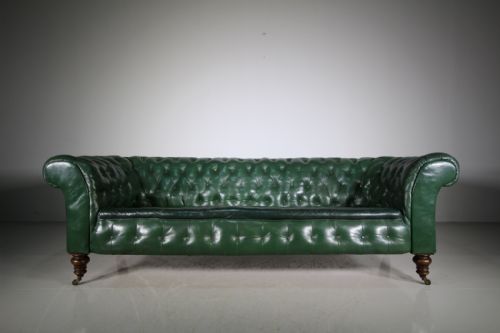 Wonderful English 19th Century Large Antique Green Leather Chesterfield Sofa