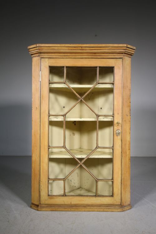 18th Century English Original Painted Pine Astragal Glazed Corner Cupboard