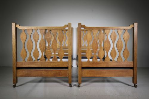 Pair of English 19th Century Antique Arts & Crafts Oak Single Beds