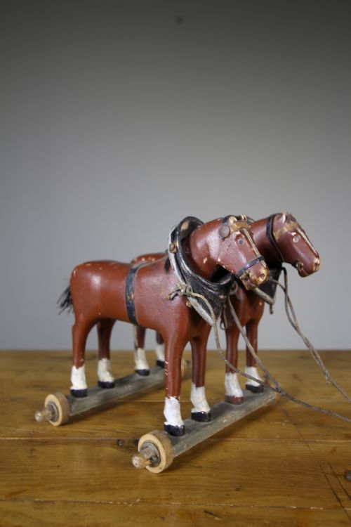 Large 19th Century English Antique Wooden Pull Along Horses