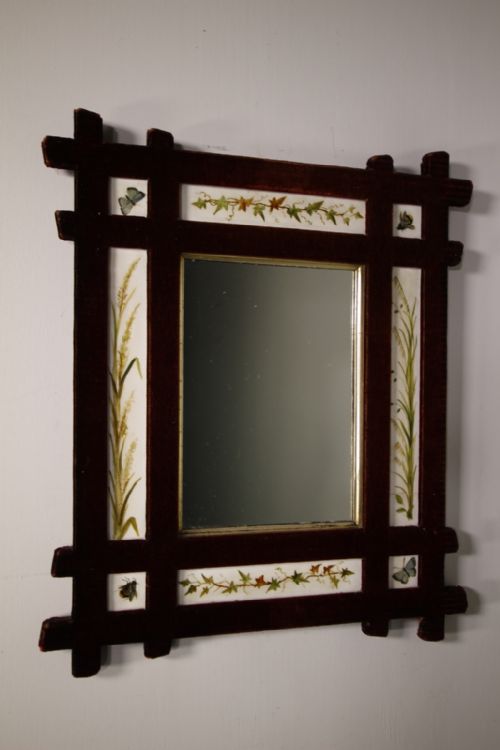 English Arts & Crafts Antique Velvet & Painted Wall Mirror