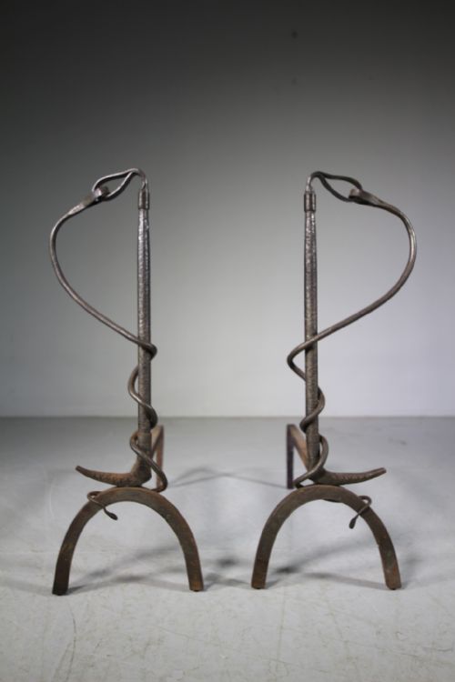 Fabulous Pair of Edwardian English Antique Iron Horse Whip Andirons