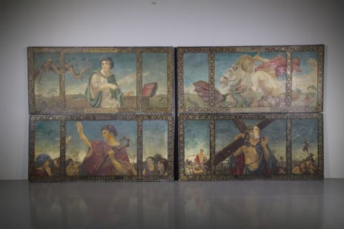 Wonderful Set of Four Antique Painting on Mahogany Boards