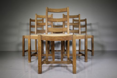 Set of Six Heals Antique Oak Ladderback Dining Chairs – Labelled