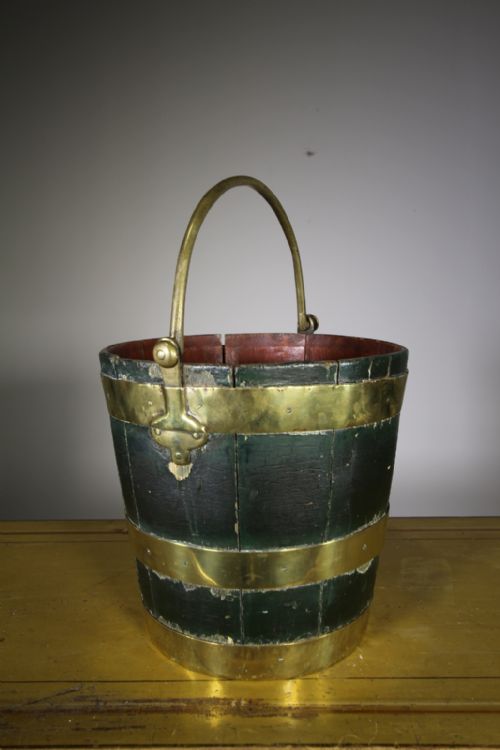 English Antique Oak Peat Bucket in the Original Green Paint