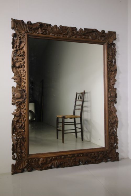 Large English 19th Century Hand Craved Oak Wall Mirror