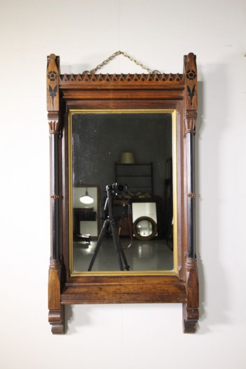 Large Inlaid English Arts & Crafts Antique Oak Mirror