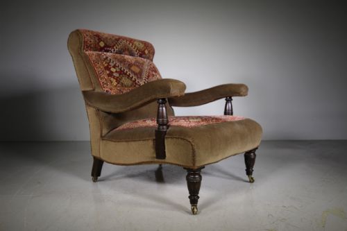 English 19th Century Antique Upholstered Carpet Armchair