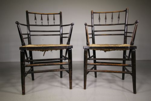 A Rare True Pair 19th Century Ebonised Antique Sussex Chairs by William Morris