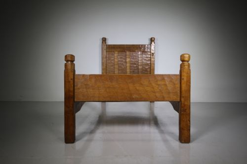 Rare Early Antique Oak Mouseman Motto Bed