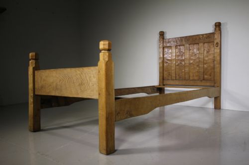 Rare Early Antique Oak Mouseman Motto Bed