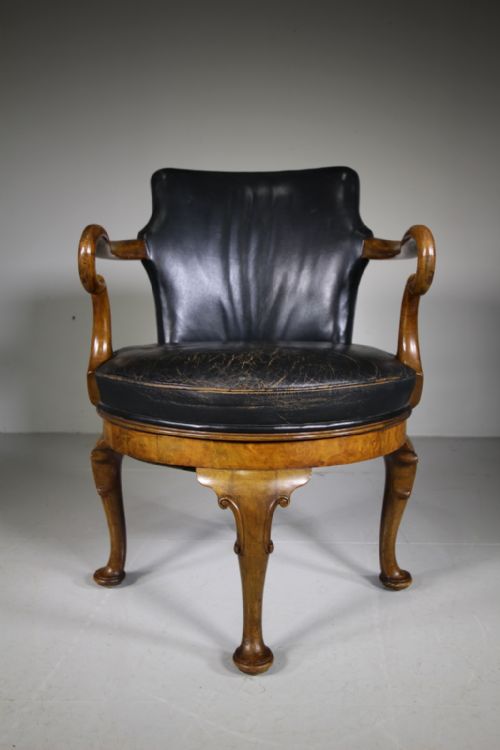 Ample English Antique Walnut & Leather Revolving Armchair