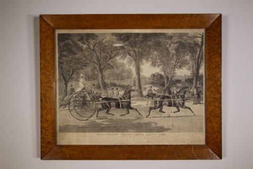 Large 19th Century Horse Trotting Race Print in Maple Frame