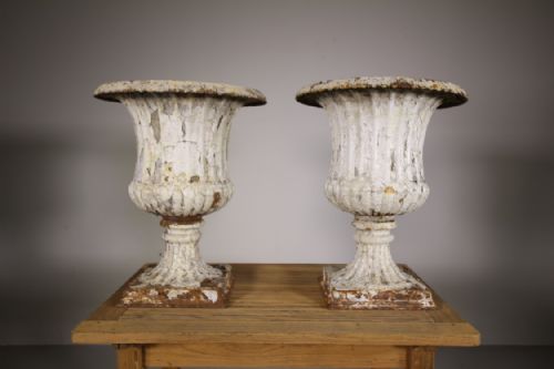 Pair of English Mid 19th Century Antique Cast Iron Garden Urns