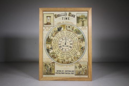 RARE FRAMED 19TH CENTURY ANTIQUE PAPER SIGN THE CHRISTIANS CLOCK OF TIME - ADDITIONAL PHOTO 1