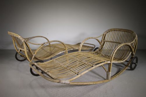 Rare Pair of English 1920’S Dryad Wicker Sun Loungers on Wheels