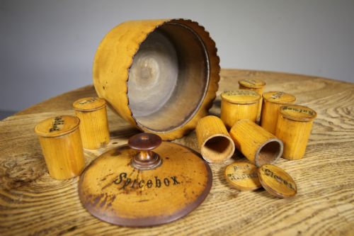 
Rare Survivor 19th Century Antique Boxwood Spice Box