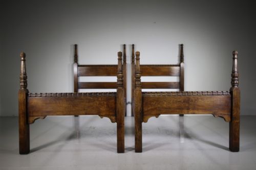 Pair of Edwardian Antique Gothic Oak Single Beds