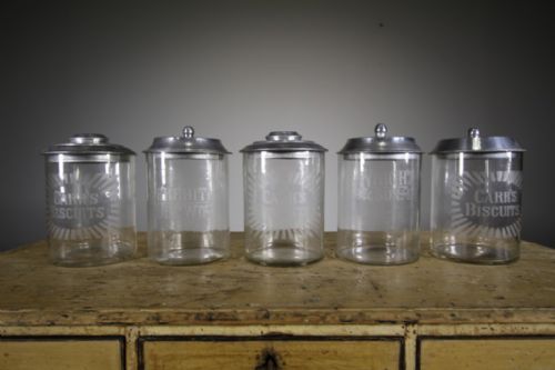 Collection of Five Edwardian Antique Glass Advertising Biscuit Jars