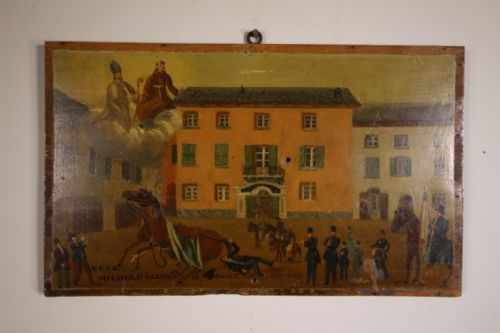 19th Century Antique Primitive Votive Painting on Walnut Panel