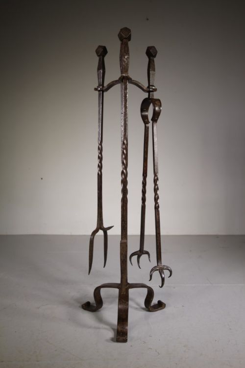 
Massive Set of Late 19th Century Antique Iron Fire Tools on Stand