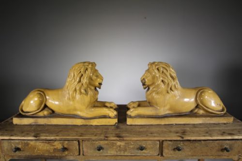 

Amazing Large True Pair of English 19th Century Antique Glazed Lions – Stamped