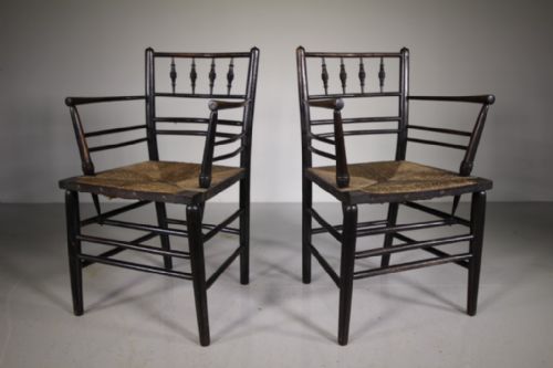 A Rare True Pair 19th Century Antique Sussex Chairs by William Morris