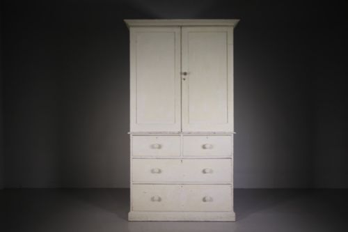 English Original Antique Painted Pine Linen Press Cupboard