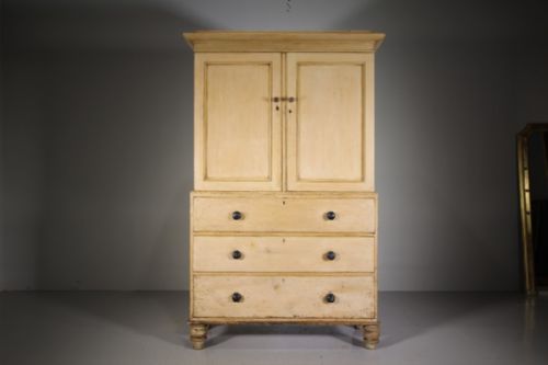 Original English Painted Pine Antique Linen Press Cupboard
