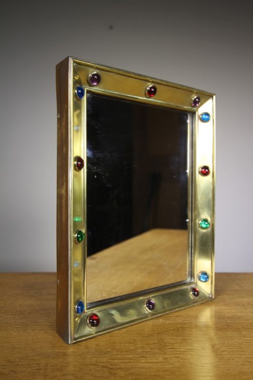 

Fabulous Arts & Crafts Antique Jewelled Brass Mirror – High Quality
