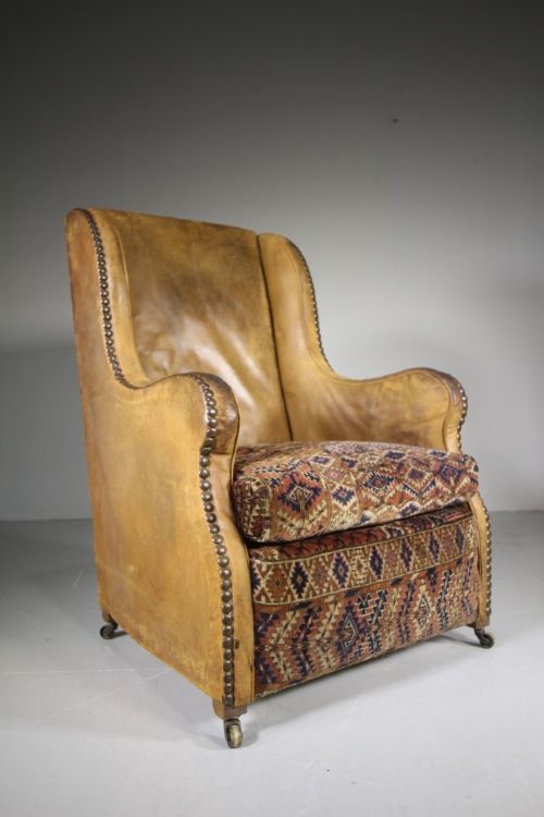 English 19th Century Antique Leather Wing Armchair