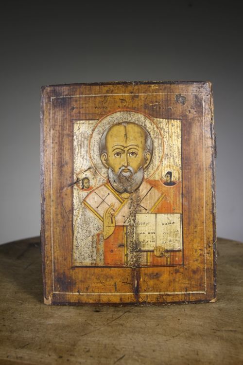
18th Century Antique St Nicholas Icon Painting on Pine Board
